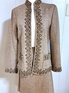ECCOCI LADIES VINTAGE 2 PC SUIT JACKET & MATCHING SKIRT ORNATE DESIGN WOOL SILK